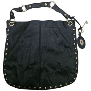 Fossil Winslet Black Leather Shoulder Bag w/ Gold-Toned Rivets